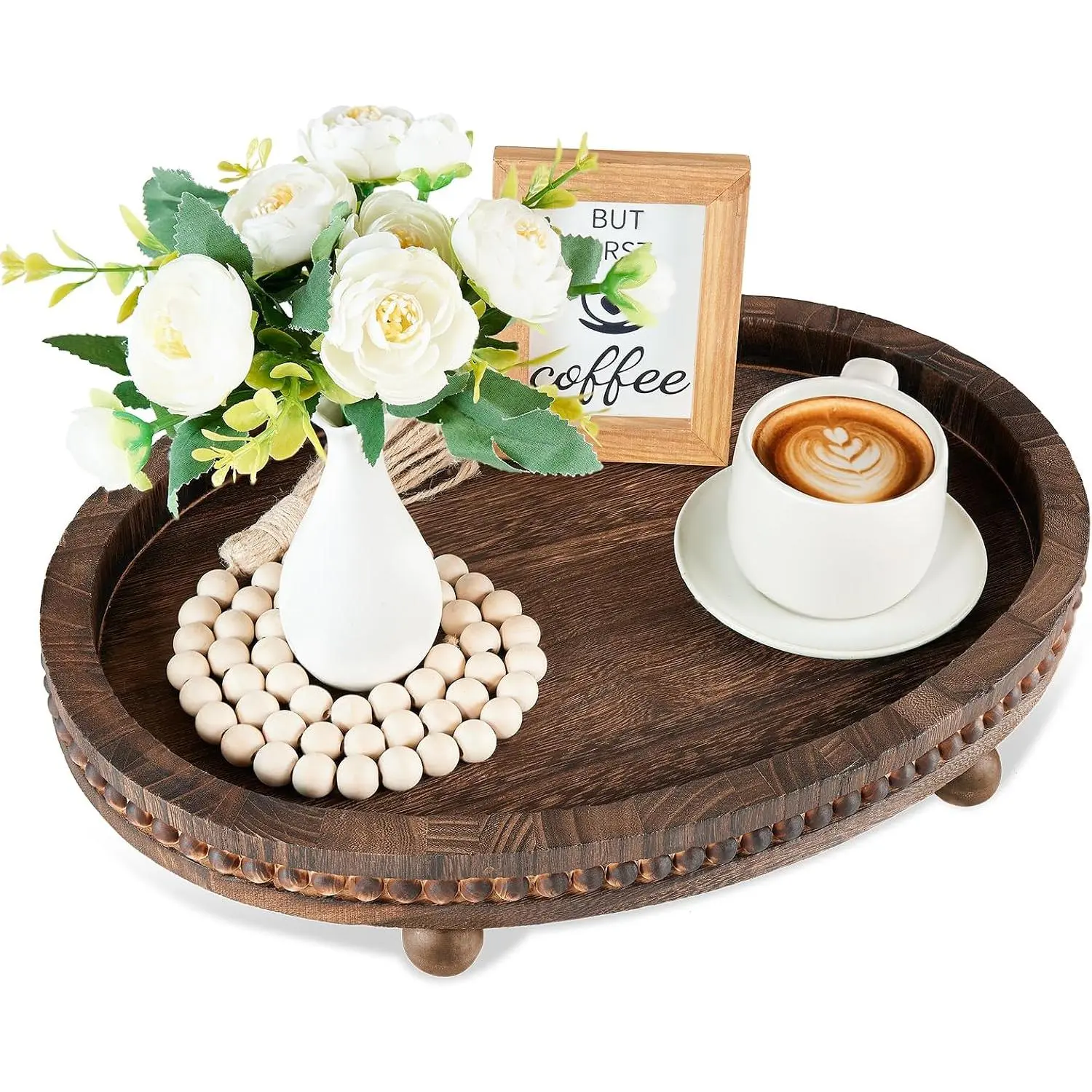 Wooden Decorative Tray for Table: 16×11.8in  Beaded Tray | Decor Tray for Coffee Table//Living Room/Bathroom - Serving Tray for Kitchen Dining