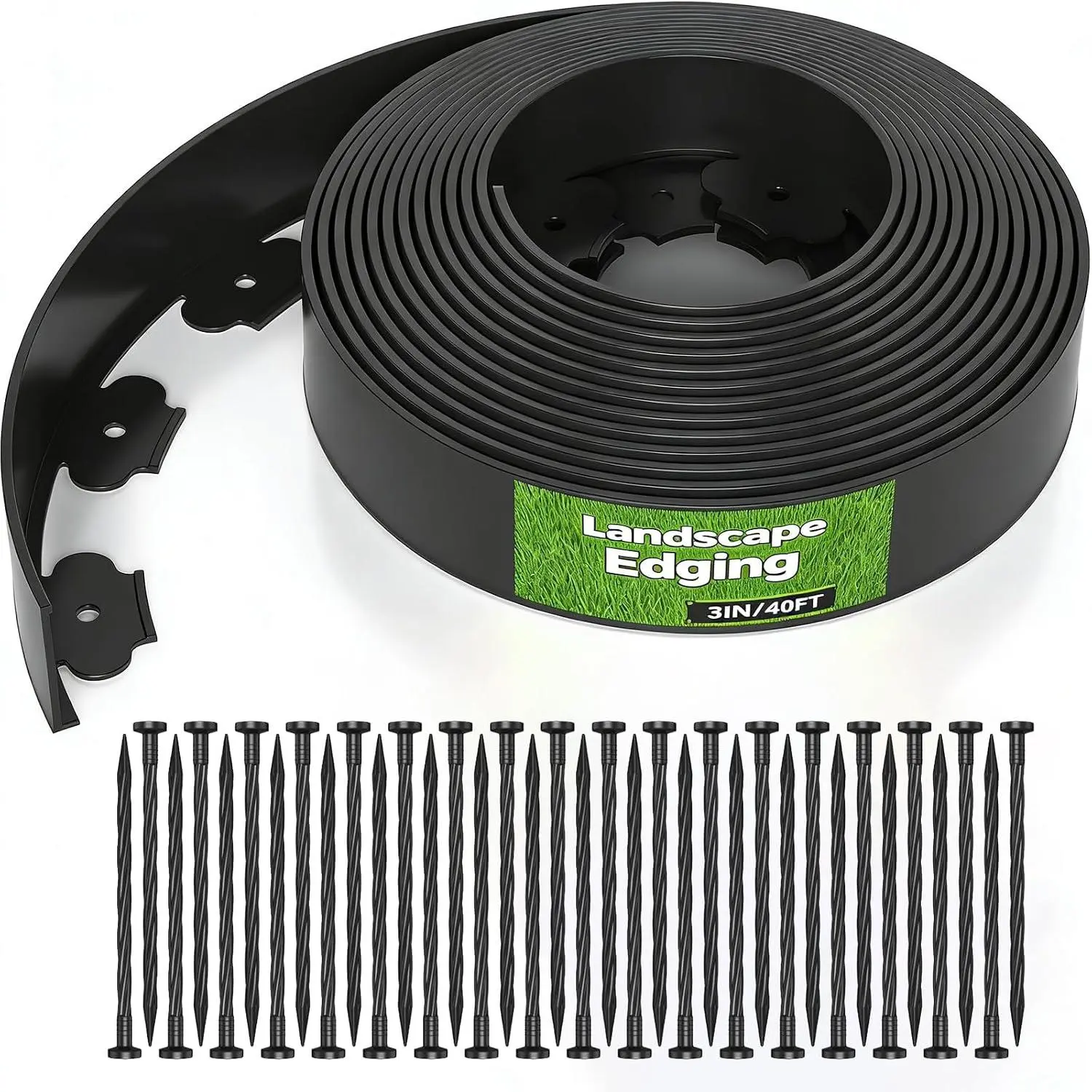 40 FT Landscape Edging Kit with 36 Spikes - 3 Inch High Flexible Plastic Garden Border - No-Dig Lawn Edging for Flower Beds, Pathways, and Yards - Durable Black Landscape Border(3in x 40FT)