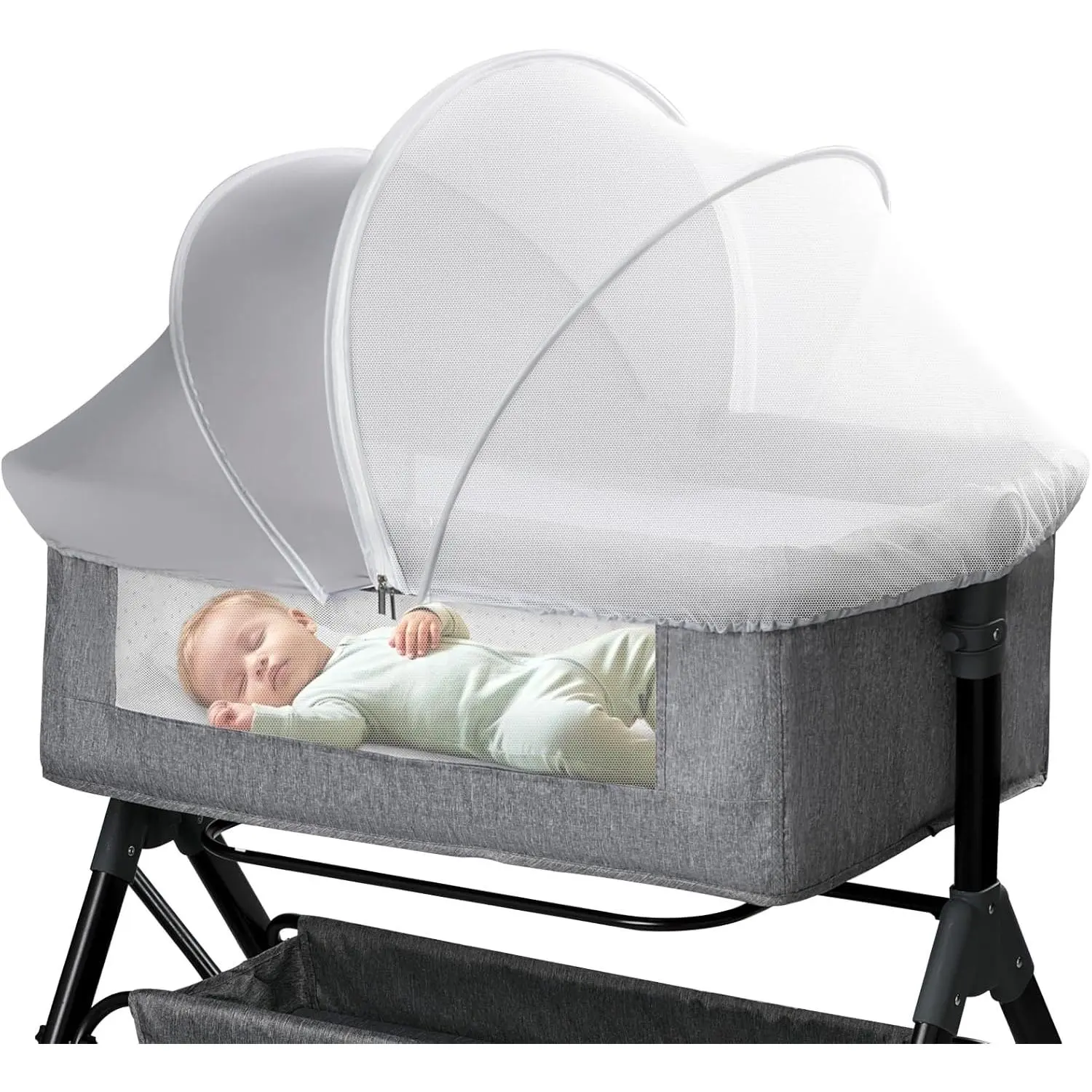 Bassinet Net Cover - Half-Blackout Net for Baby Crib & Bedside Sleeper, Breathable Crib net with 2-Way Zipper, Sun-Blocking Baby Net Cover (Gray-Small)