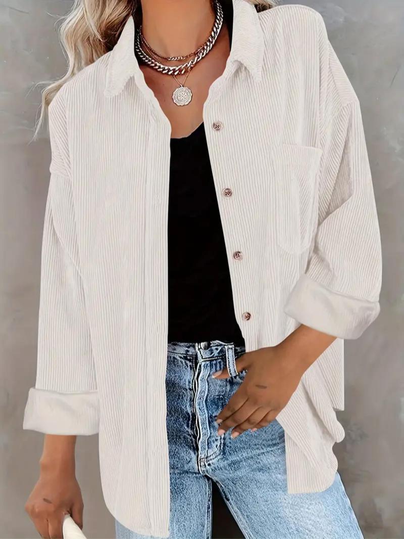 Women's Corduroy Shirt With Pocket, Drop Shoulder Style For Spring & Fall