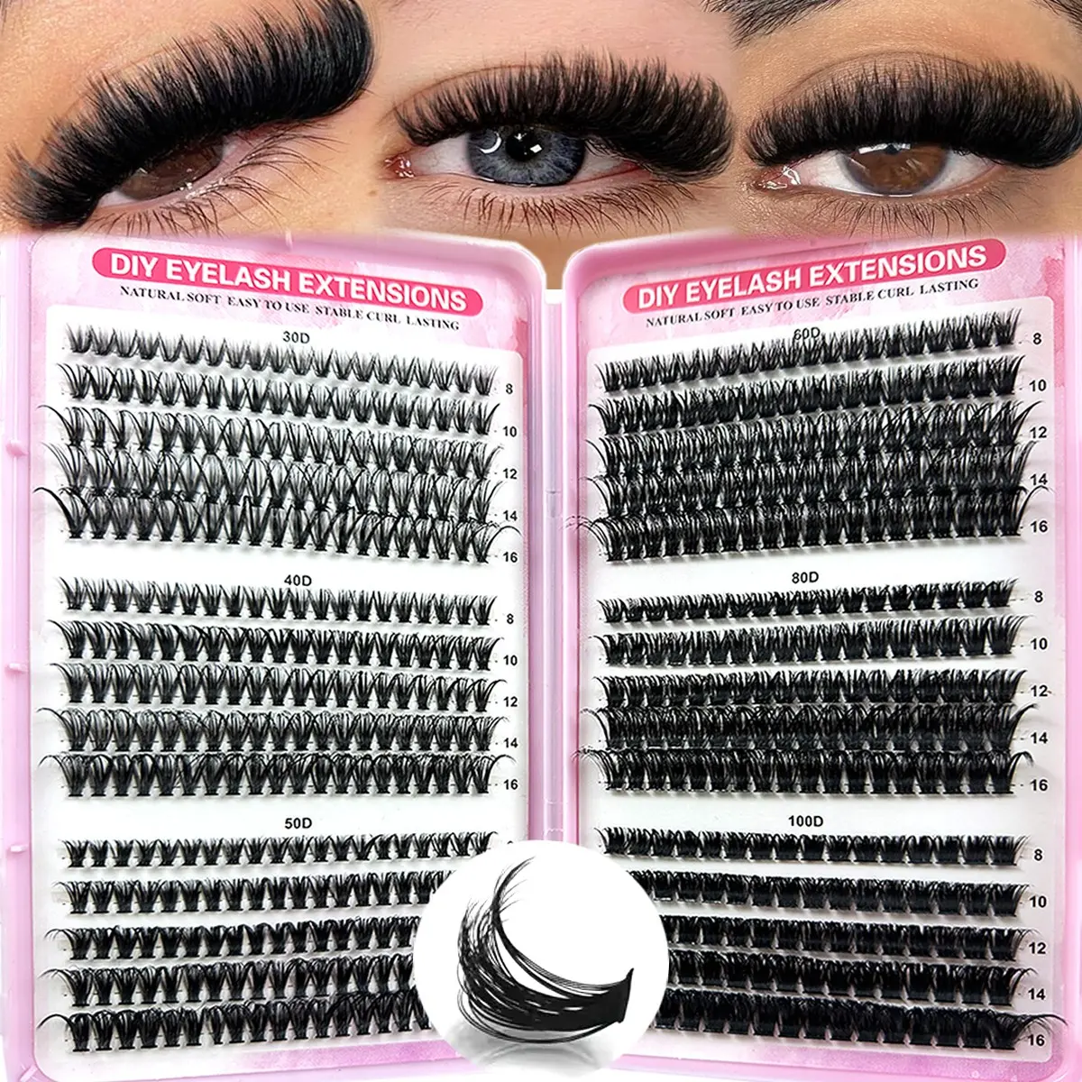 590pcs D Curl Eyelashes Extension Kit, DIY Eyelash Extensions, 30D 40D 50D 60D 8-16mm DIY Individual False Eyelashes, 3D Mink Lashes Volume Dramatic Eyelashes Daily Wear, Portable For Daily Use Or Outings Lash Clusters Individual Eyelashes, Fake Lashes