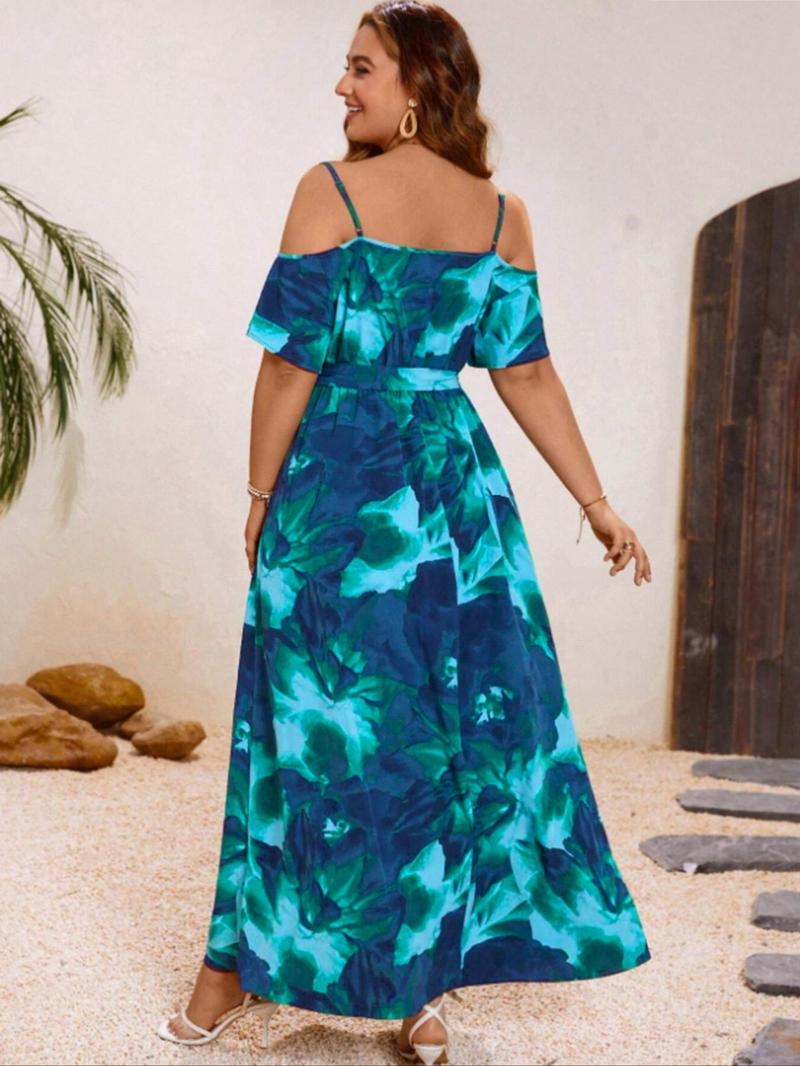 【Plus Size】 All Over Print Cold Shoulder Dress, Boho Short Sleeve Dress for Beach Holiday Vacation, Women's Clothes for Summer, Boho Style Dresses