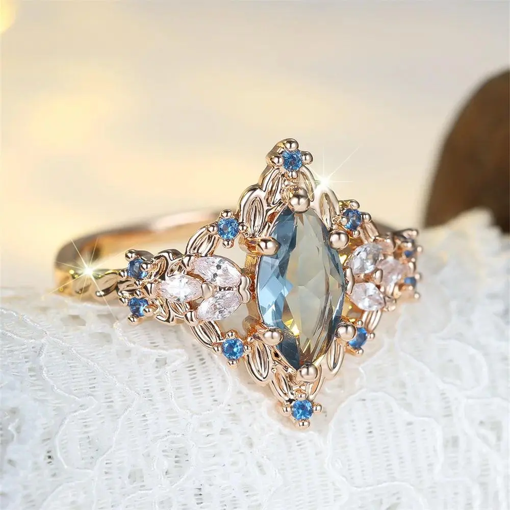 Women's Marquise-Cut Blue Crystal Flower Cluster Ring, Gold Dainty Vintage Style Crystal Ring, Versatile Engagement Wedding Costume Jewelry Gift, Crystal Rings, Gold Flower Rings