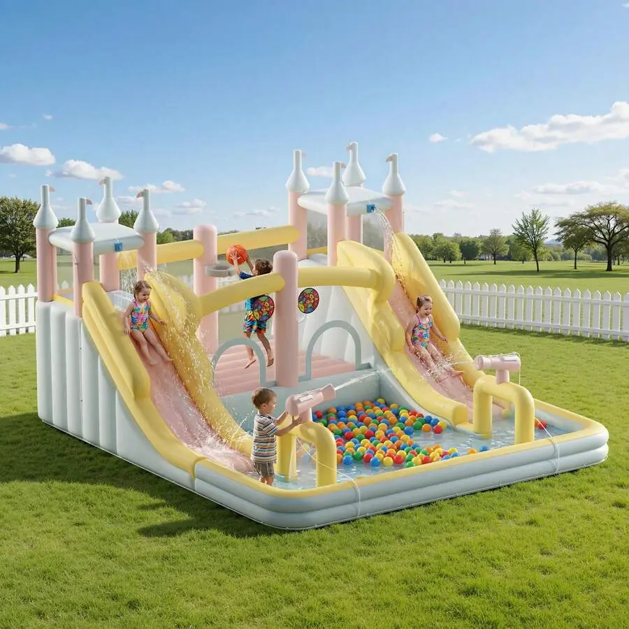 177*163*94" Extra Large Inflatable Water Slide Bounce – Kids Play Center With Climbing, Splash & Water Gun, Jumping Area, Indoor & Outdoor Dry/Wet Use, Pastel