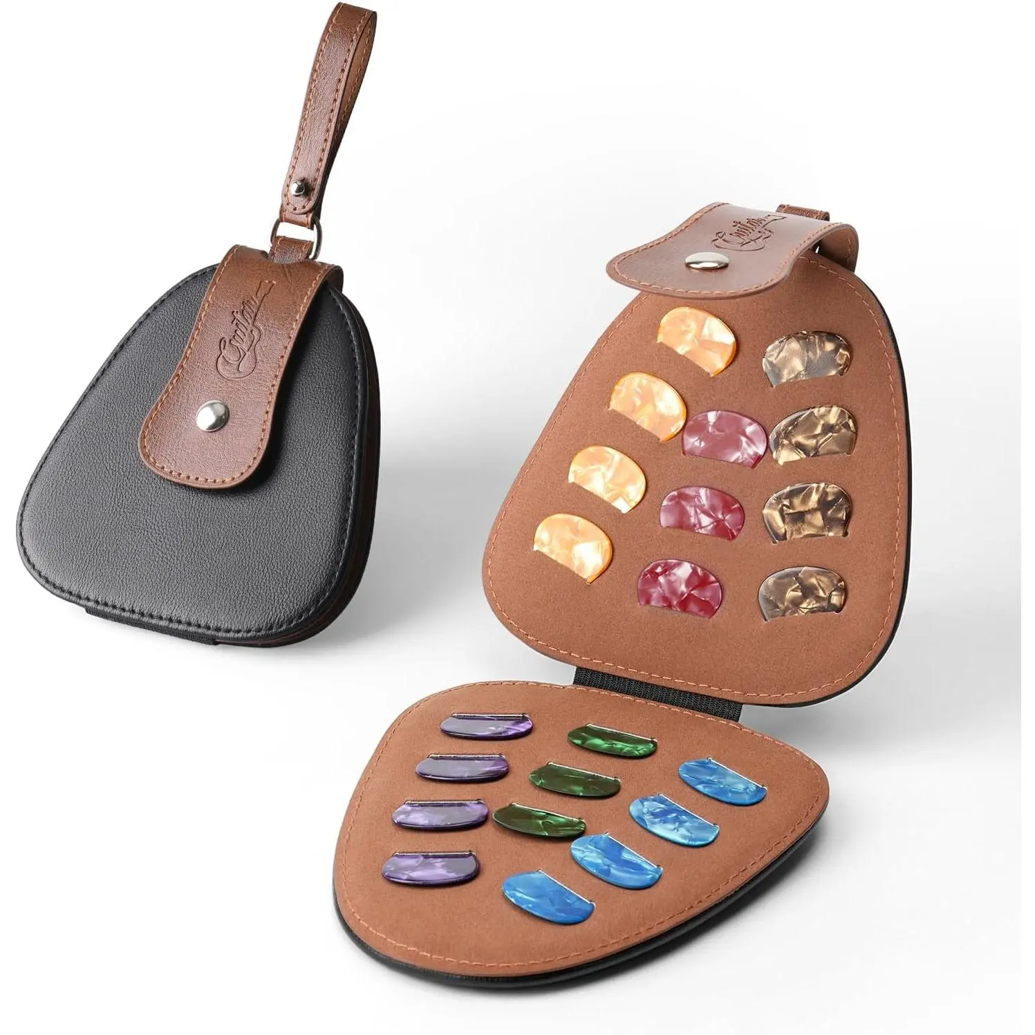 Guitar Picks Holder for Acoustic Electric Guitar Accessories, Variety Pack Picks Case Pouch, PU leather Sleek  Pick Bag with Handle,   for Guitar Players (Olny Case)