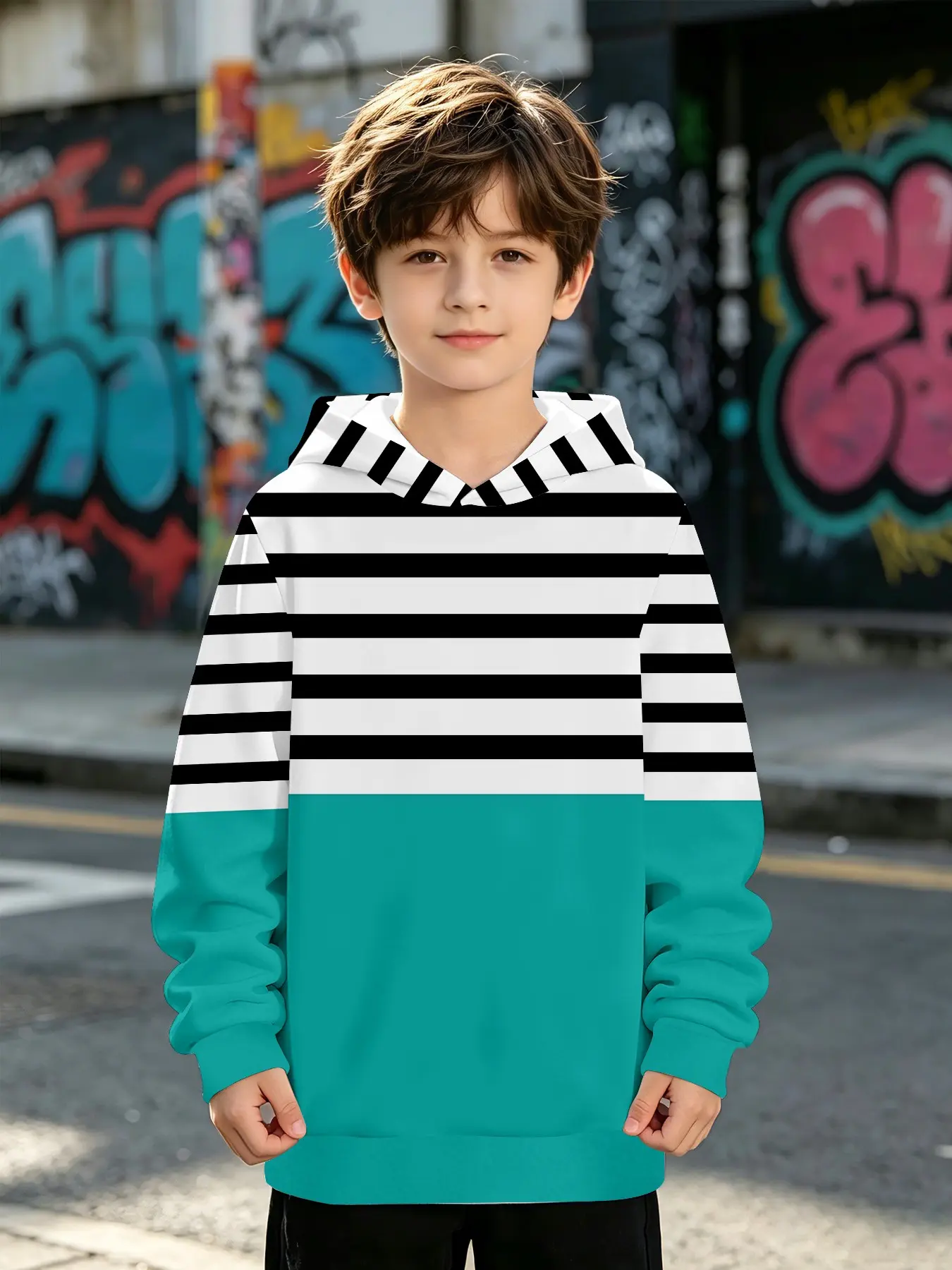 Three-Section Color Block Striped Unisex Kids Casual Hoodie, Long Sleeve Loose-Fit Sweatshirt for Fall & Winter, All over Print H-Type Design