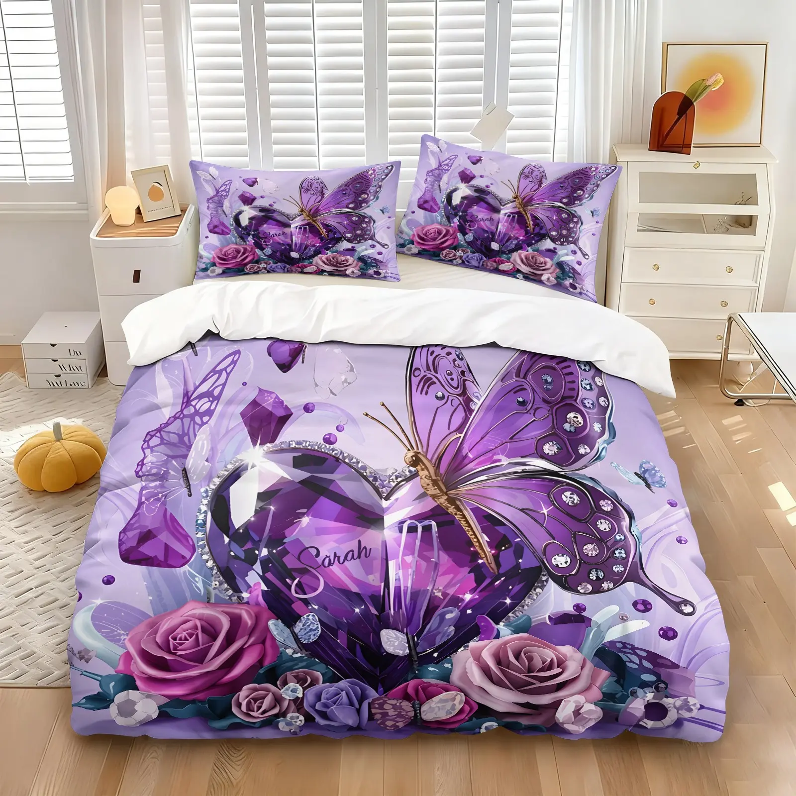 Shiny Rhinestone Purple Butterfly Floral Duvet Cover Set & 1-2 Coreless Pillowcases, Purple Crystal Hearts, Butterflies Roses, Soft Durable Polyester Material, Luxurious Gorgeous Gift For Young Girls And Women Bedroom Decor
