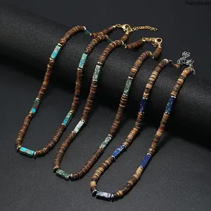Coconut Shell Choker Necklace, Bohemian Style with Natural Stone Beads, Funky Surfer Beach Jewelry, Romantic Anniversary Gift