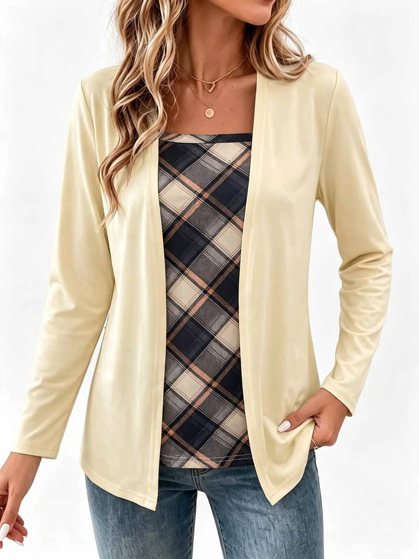 Autumn Women Soft Fake Two‑Piece Shirt Square Neck Plaid Spliced Long Sleeve Tops Casual Daily Chic Elegant Patchwork Blouse