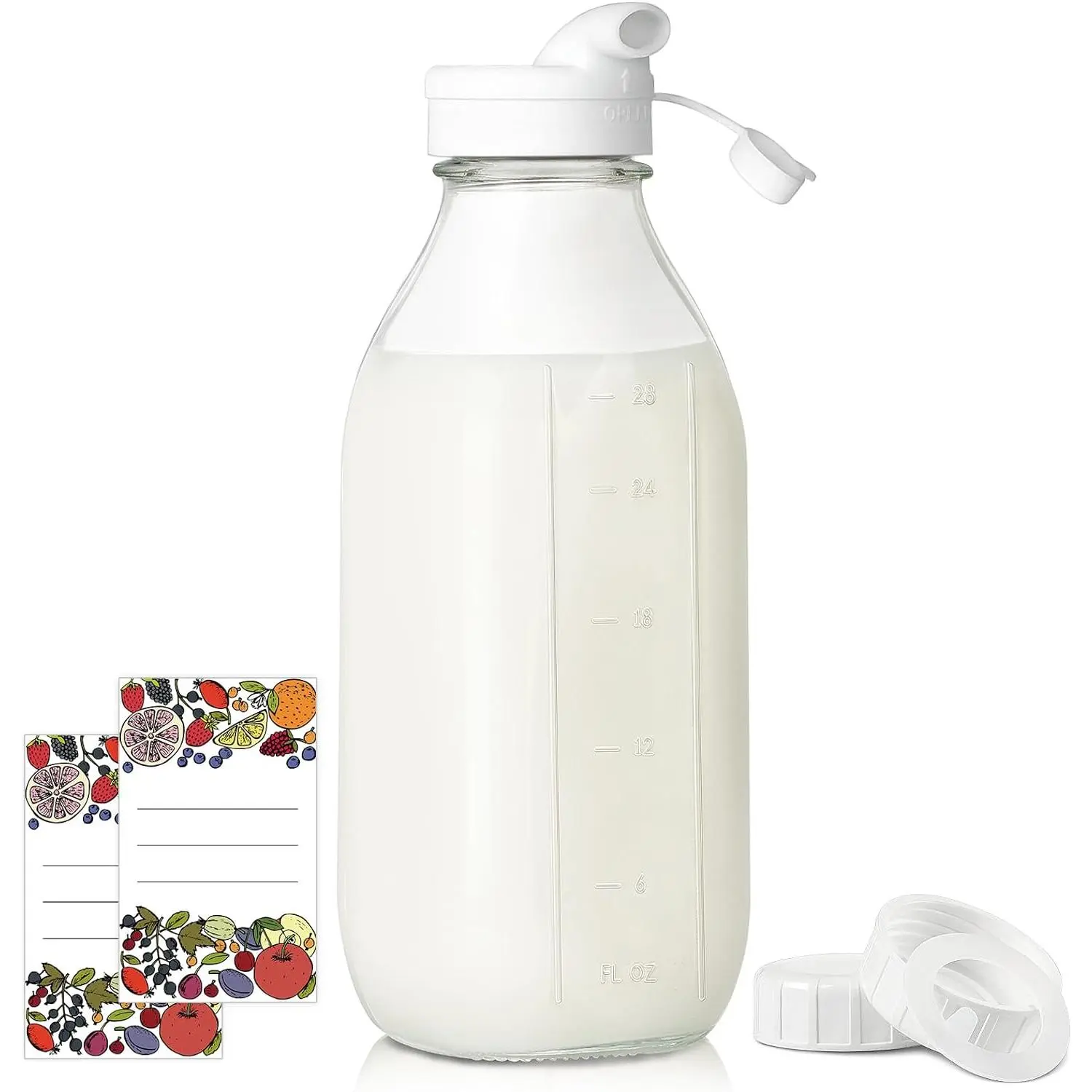 Square Liter Glass Milk Bottles with Airtight Lid -  Leak-Proof Heavy Duty Screw Cap, 32 Oz Glass Juice Bottles w Scale Mark,  Jugs Pitcher for Homemade Juice(Extra 1 Lid and Pen)
