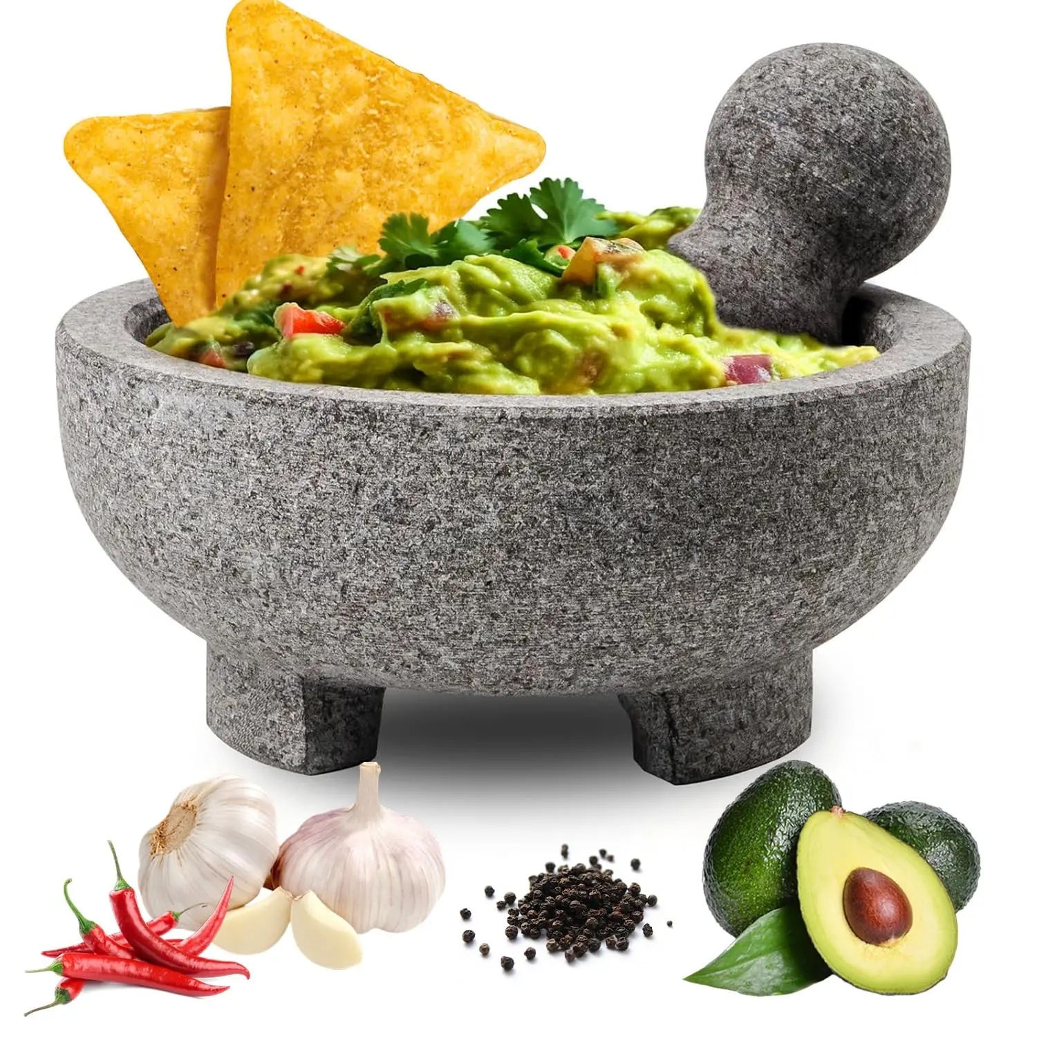 Mortar and Pestle Set, 4 Cup Natural Unpolished Granite Molcajete Mexicano, 8-in Extra Large Guacamole Bowl, Motar Pestel Stone Grinder for Guacamole, Salsa, Spices, Herbs, Seasonings