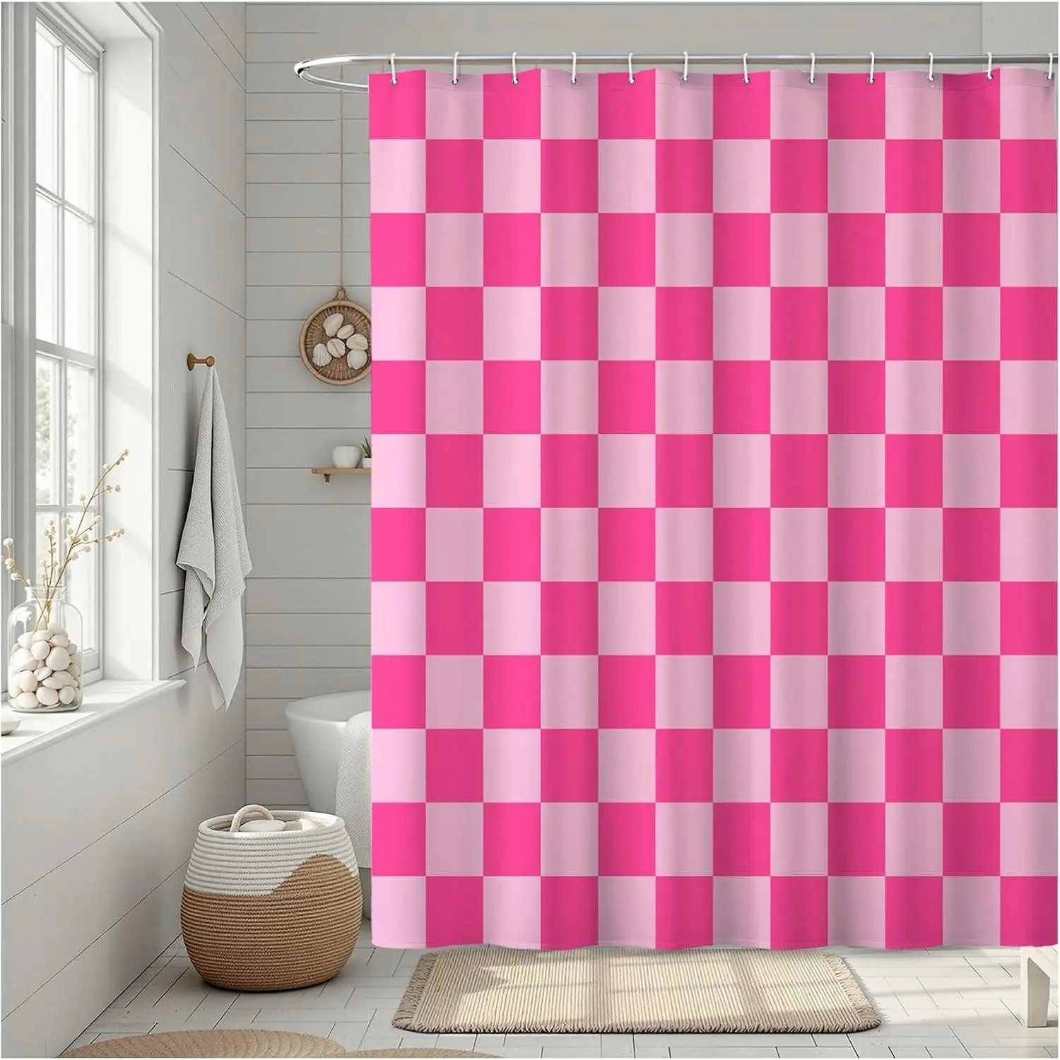 Checkered Shower Curtain, Classic Minimalist Pink Checkerboard Desgin, Waterproof Polyester Fabric Shower Curtains Sets with Hooks for Bathroom 72x72 Inches