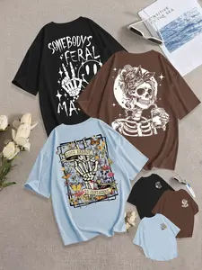Women's Breathable Casual T-Shirt, Loose-Fit Round Neck Design, Skull Print, Perfect for Daily Wear, Fashionable Comfortable Top, 3-Pack