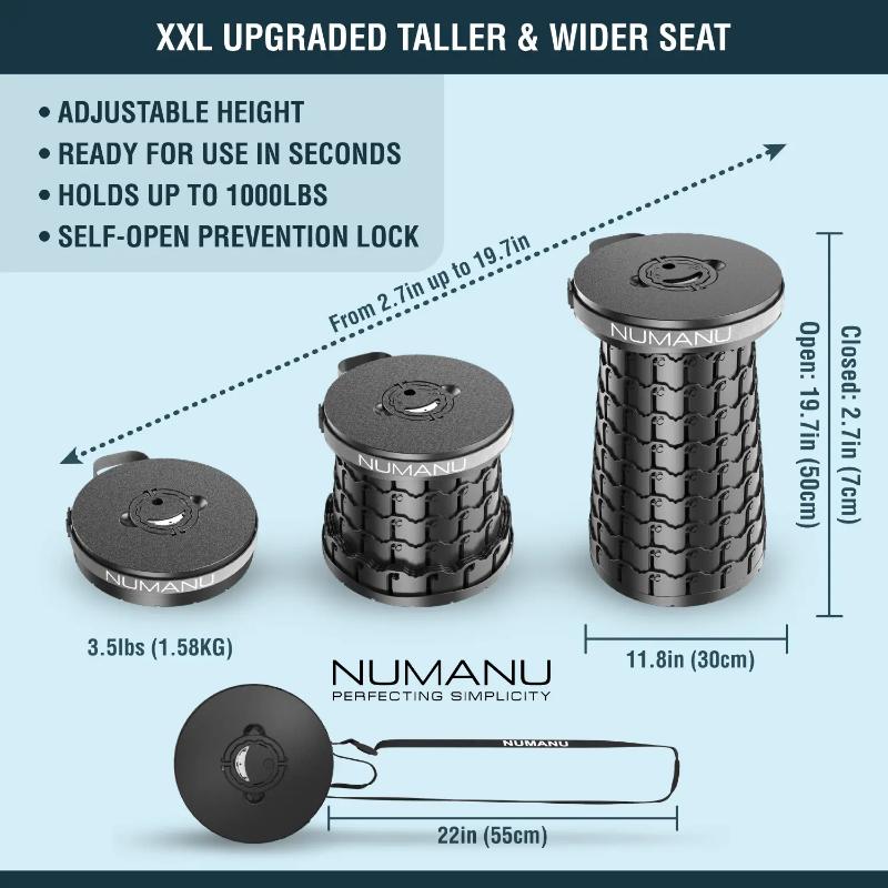 NUMANU XXL 19.7" Wider & Taller Collapsible Stool, 1000lbs Max Weight, Adjustable Height, 2026 Upgraded Portable Retractable Folding Seat, Heavy Duty Compact Seat or Foldable Travel Foot Rest, Outdoor Camping Chair, Foldable Seat.
