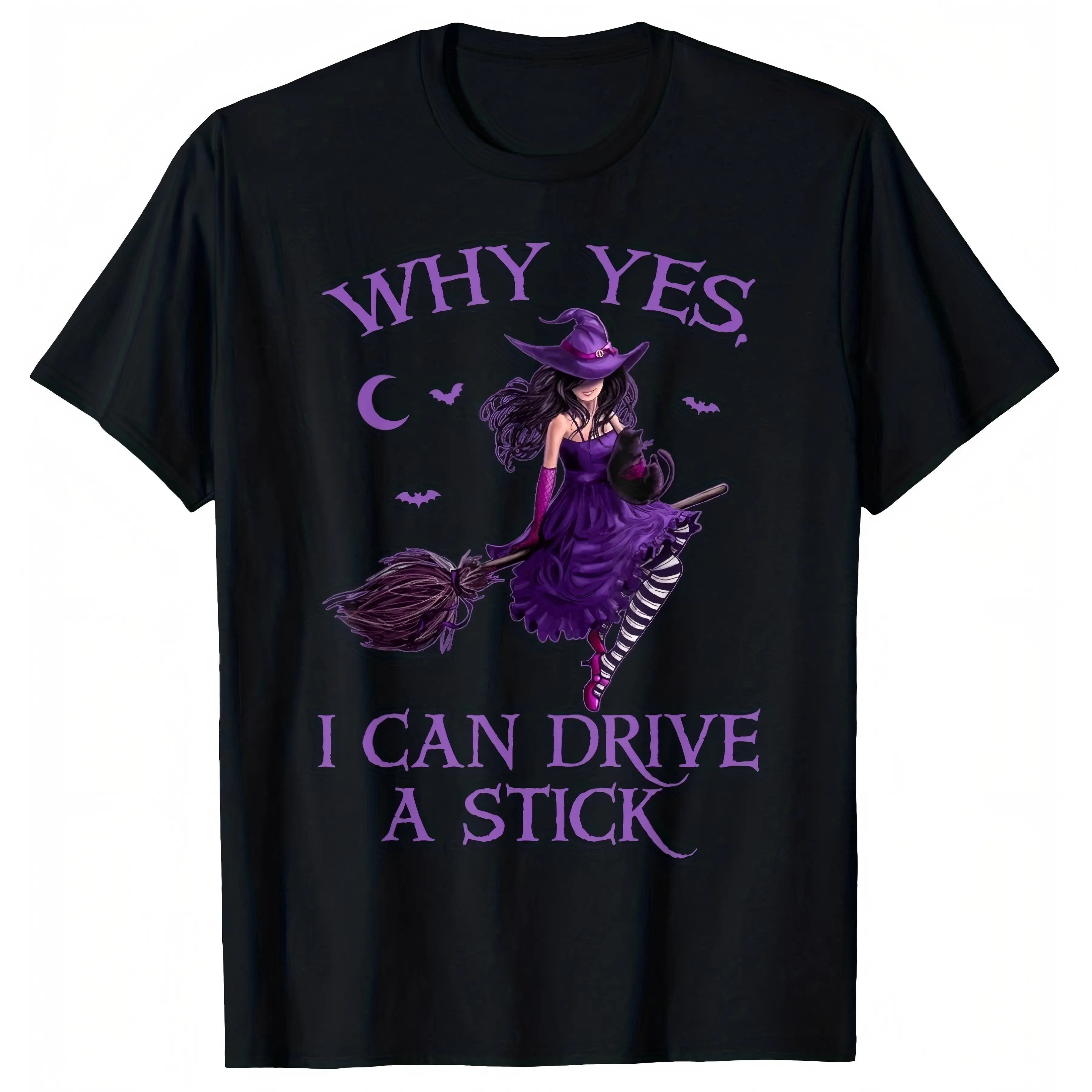 "Why Yes I Can Drive A Stick" Purple Witch Broom Unisex T-Shirt for Men & Women - Black Cat Halloween Graphic, Soft Cotton Crew Neck Short Sleeve, Comfortable All-Season Tee, Perfect for Everyday Casual & Witchy Style, Machine Washable