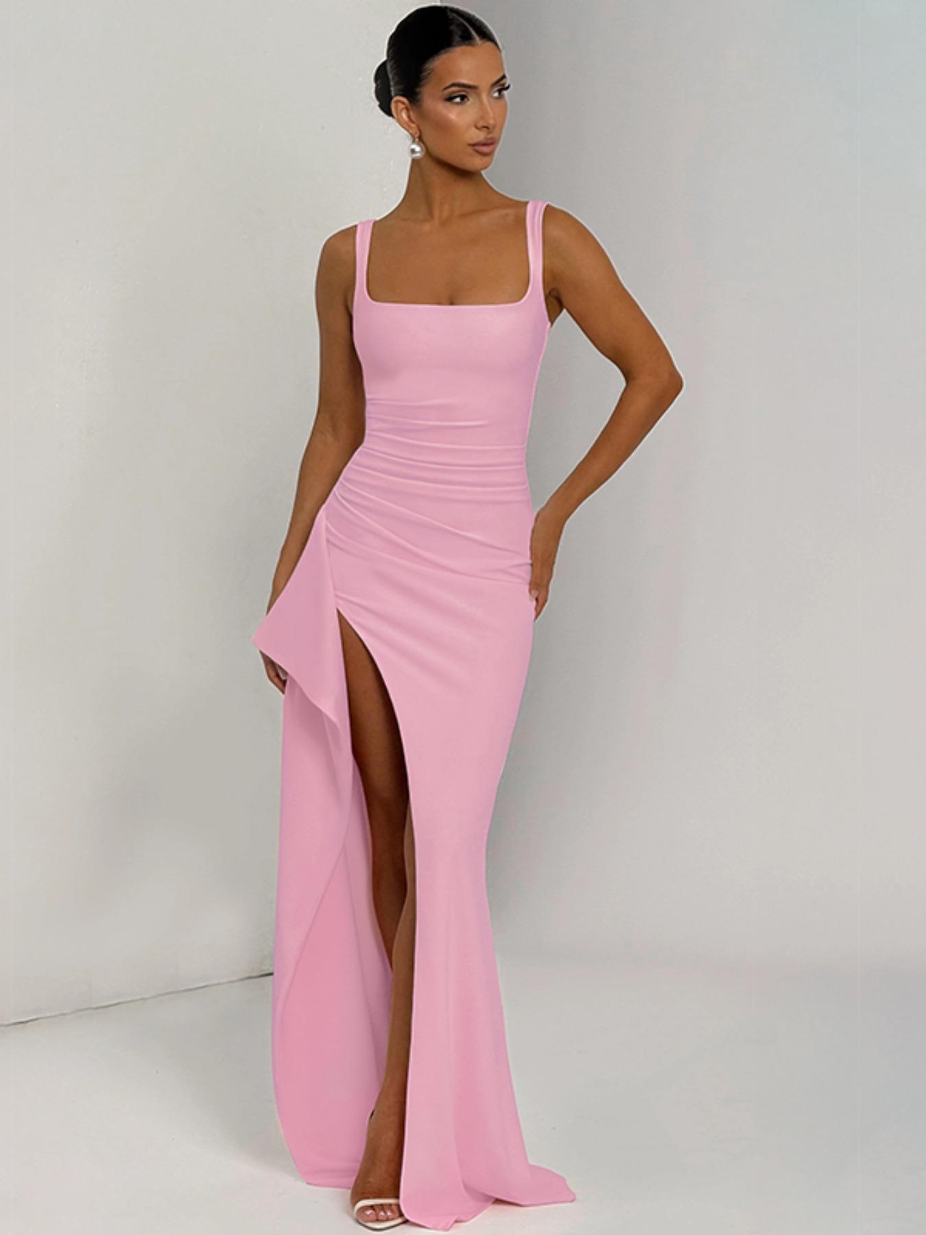 Women's Plain Split Thigh Backless Dress, Elegant Sexy Sleeveless Dress for Party Club Dating Wear, Ladies Clothes for All Seasons, Floor Length Slip Dress, Wear, Elegant Chic Dress