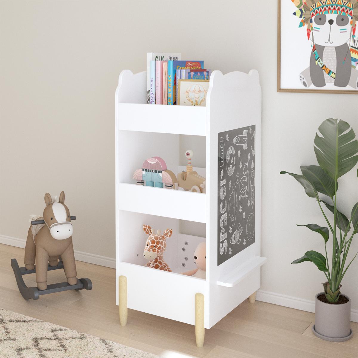 Kids Bookshelf with Chalkboard Side – Bear-Shaped Wooden Bookcase with 3-Tier Storage, Drawing Board for Toddlers, Toy and Book Organizer for Playroom or Bedroom – White