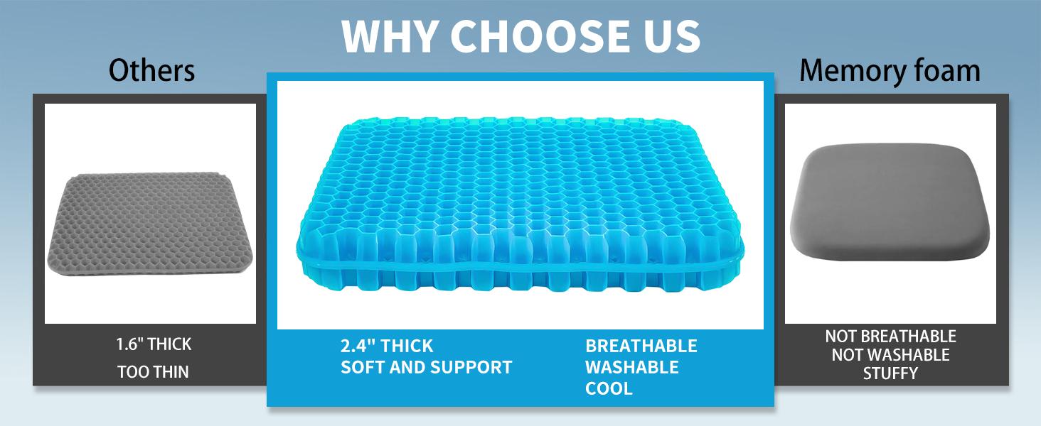 Gel Seat Cushion for Long Sitting - 16.5" x 14.5" x 2.4" (Thick&Soft) Gel Cushion for People Over 185 lbs, Pressure Relief Cushion for Office Chair, Egg for Wheelchair, Gel Pad for Car