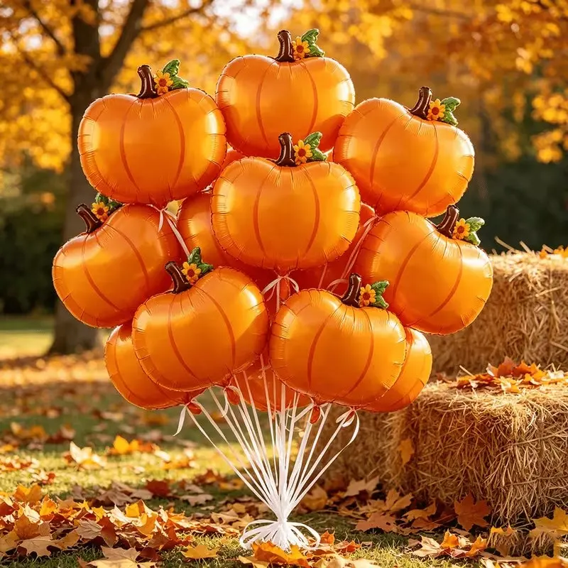 12 Alien Pumpkin Foil Balloons with Ribbon and Pump, Perfect for Birthday, Wedding, Halloween, Christmas, Party Decorations