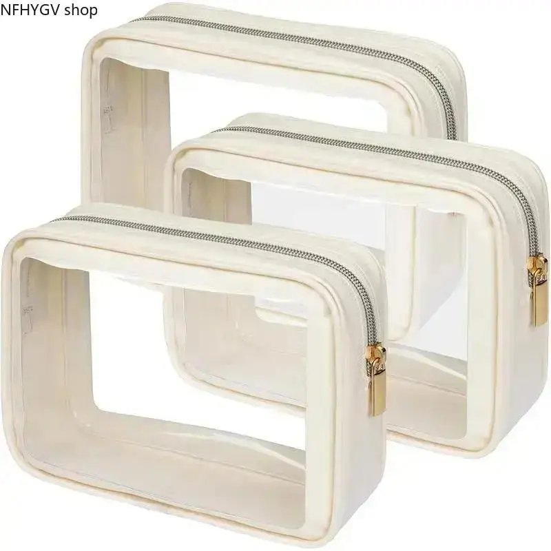 3 Pack Clear Toiletry Bag, Color-Edged Beige Storage Pouch With Spacious Capacity, Transparent Organizer For Travel Packing, Car Console Arrangement And Daily Household Item Organization Use