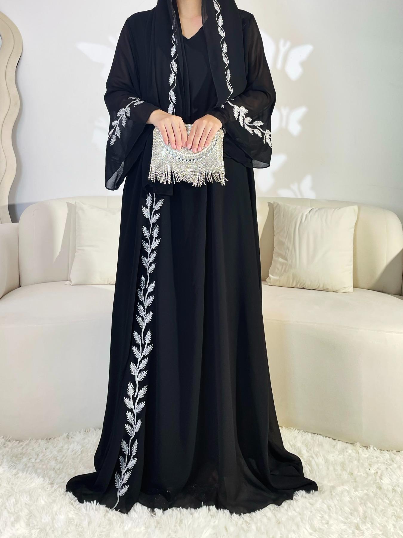 Arabic Clothing-Leaf Embroidered Bell Sleeve Chiffon Maxi Arabian Dress with Hijab, Elegant Long Kaftan Dresses Loose Abayas, Muslim Dress Islamic Clothes