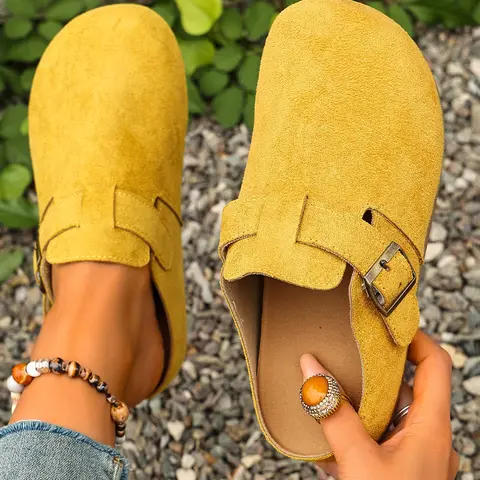 Women's 2026 Spring Summer New Velvet Slip-On Slippers, Wide Fit Comfortable Casual Thick Soled Mule Flats, Thick Sole Mules, Adjustable Bronze Buckle, Non-Slip Thick Sole