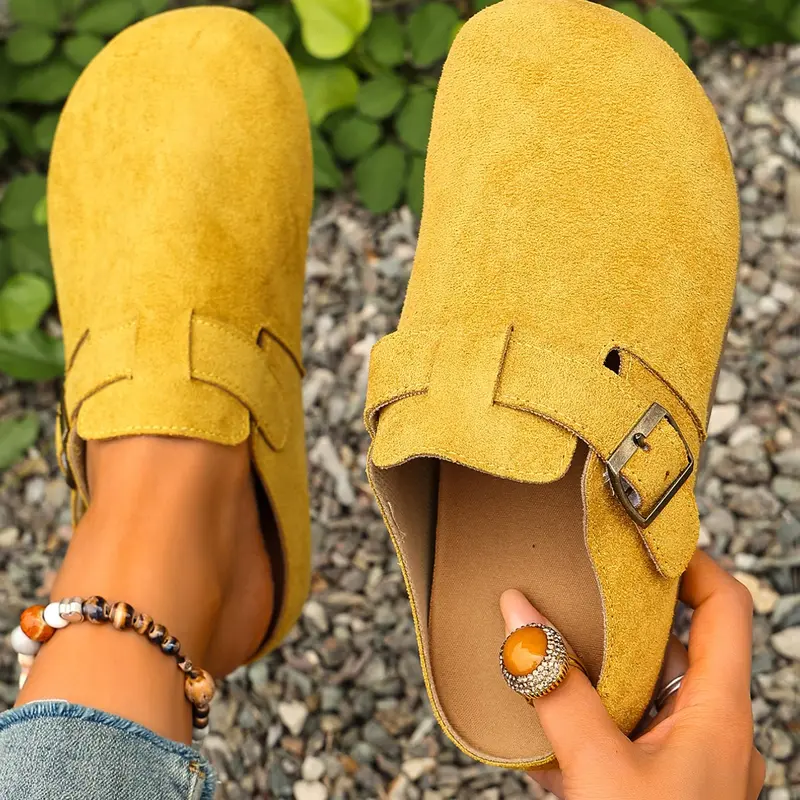 Women's 2026 Spring Summer New Velvet Slip-On Slippers, Wide Fit Comfortable Casual Thick Soled Mule Flats, Thick Sole Mules, Adjustable Bronze Buckle, Non-Slip Thick Sole
