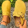 Women's 2026 Spring Summer New Velvet Slip-On Slippers, Wide Fit Comfortable Casual Thick Soled Mule Flats, Thick Sole Mules, Adjustable Bronze Buckle, Non-Slip Thick Sole