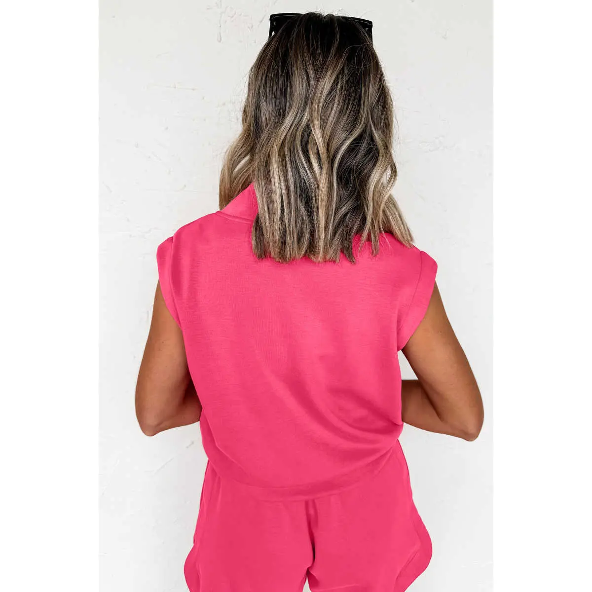 Fiery Red Quarter Zip Sleeveless Top Drawstring Shorts Casual 2pcs Outfit