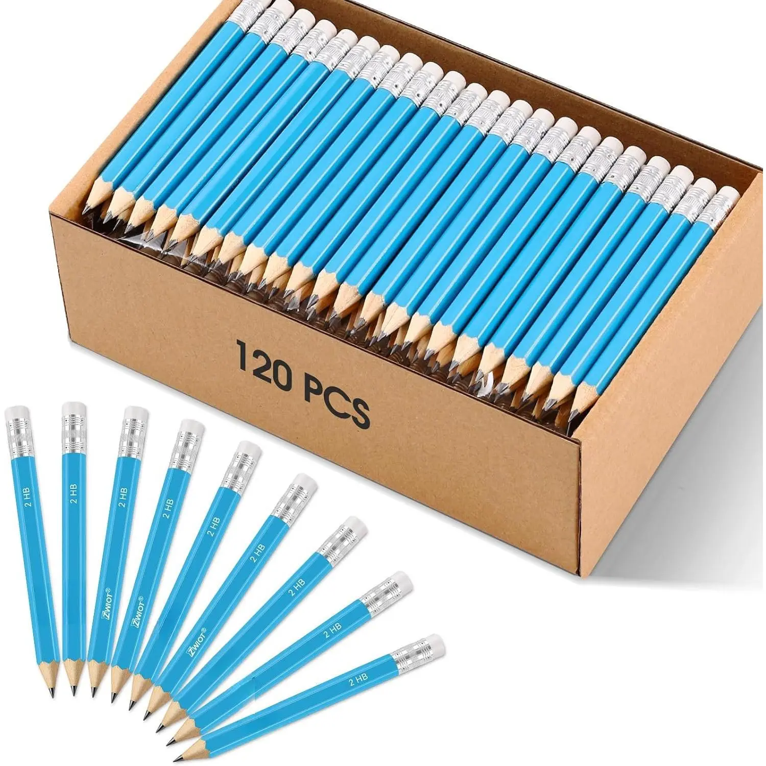 ZWlOT Golf Pencils with Eraser, #2 HB Half,4" Mini,Pre-Sharpened,120/200/320 Count Pencils  Cased Short for Classroom, Office, School, Wedding and Party (Blue-120pcs)