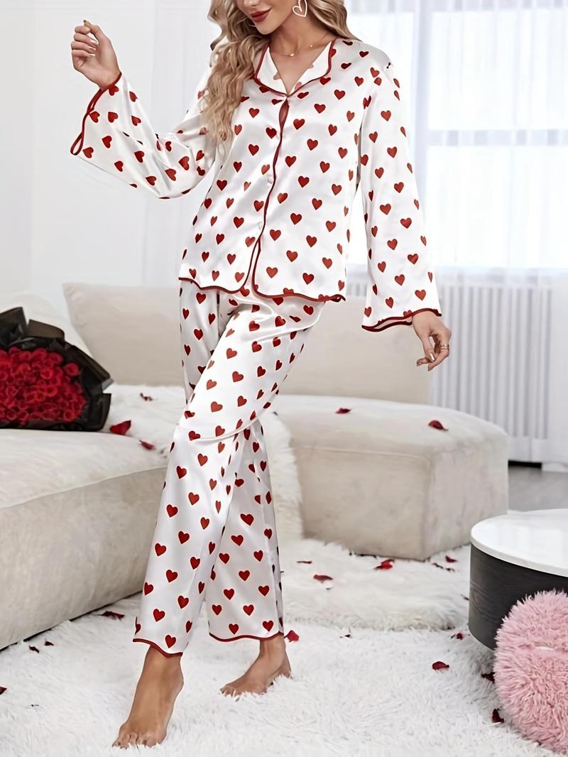 Two-Piece Set Women's Satin Heart Print Button Front Blouse & Elastic Waist Pants Pajama Set, Printed Blouse & Contrast Binding Trousers Pj Set, Fashion Long Sleeve Womenswear, Ladies Homewear Loungewear