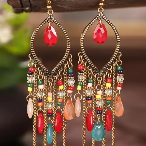 Boho Style Hollow Out Water Drop & Tassel Design Cubic Zirconia Dangle Earrings, Dangly Earrings, with Beaded Decor, Fashionable Jewelry for Women, Daily Clothing Decor, Trendy All-match & Exquisite Jewelry for Birthday Gift