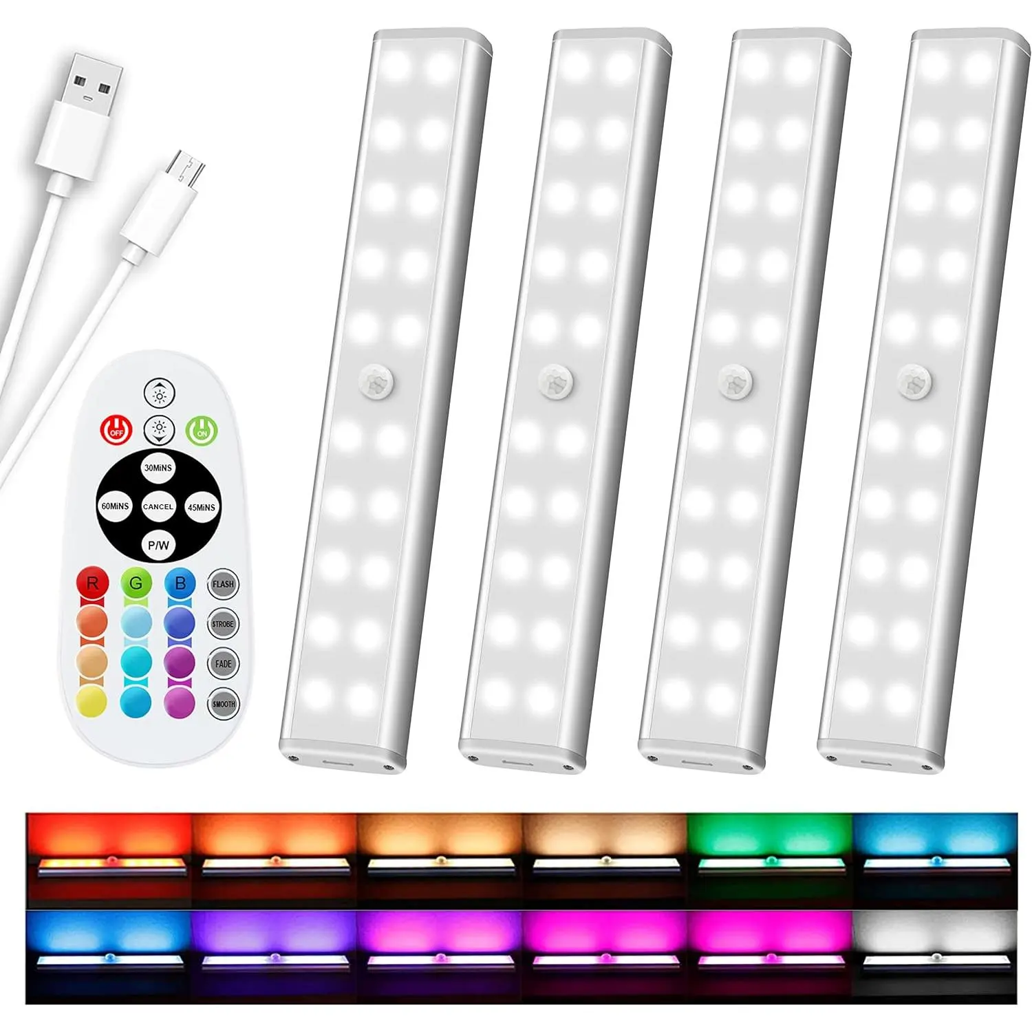 48-LED Wireless Rechargeable RGB Under Cabinet Lights, 15-Color Remote-Controlled Mini Bar Lights for Closet, Pantry, Entryway, Shoe Box, Indoor Display Shelf (4 Pack)