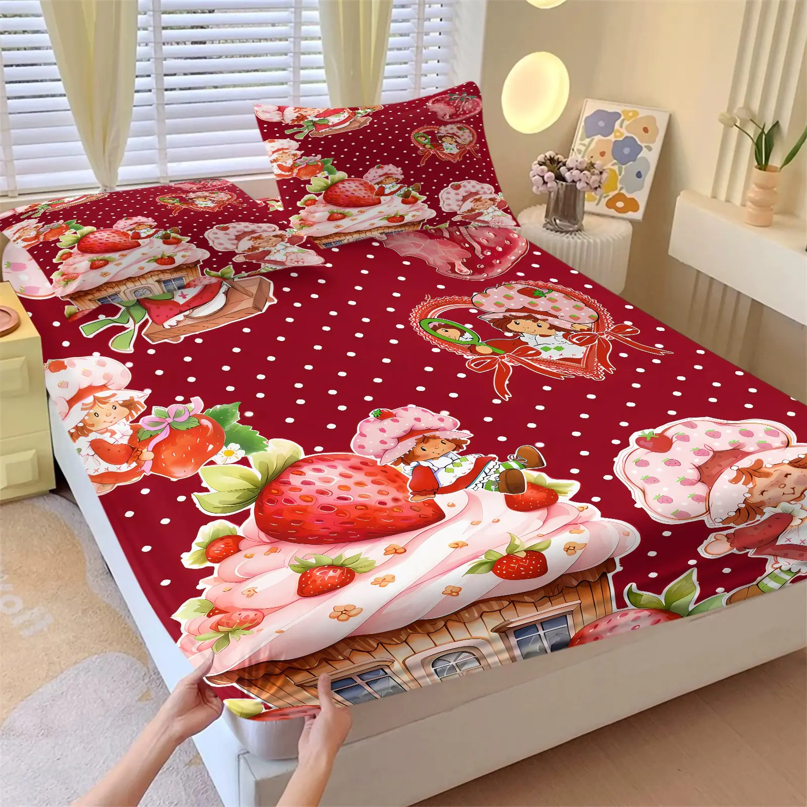 3pcs Red Polka Dot Strawberry Shortcake Fitted Sheet Set, Includes 1 Fitted Sheet + 2 Pillowcases, Soft Comfortable Breathable Microfiber Cozy Bed Sheets, Cute Retro Cartoon Print Bedding, Aesthetic Bed Cover, Great Gift for Teen Girls Kids Room Decor