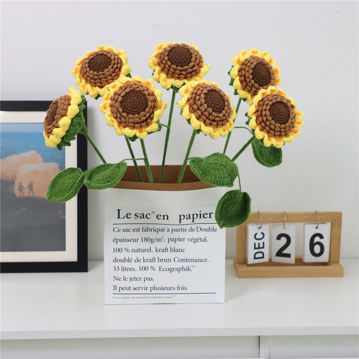 Sunflower Design Crochet Flower for Room Decor, 7 Counts/set Bedroom Decor Artificial Flower without Vase, Handmade Crochet Flower, Girlfriend Gifts, Boyfriend Gift, Valentine's Day Gift Ideas, Bouquet, Decorative Flowers, Woven Crochet Bouquet