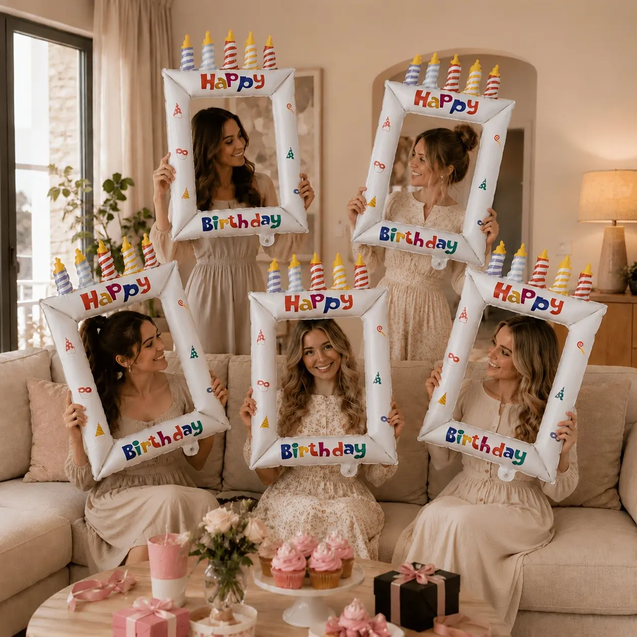 5-Pack Inflatable Frame Balloons, Birthday Party Photo Props, Birthday Decorations with Happy Birthday Text and Candle Design, 25x17 Inches, or