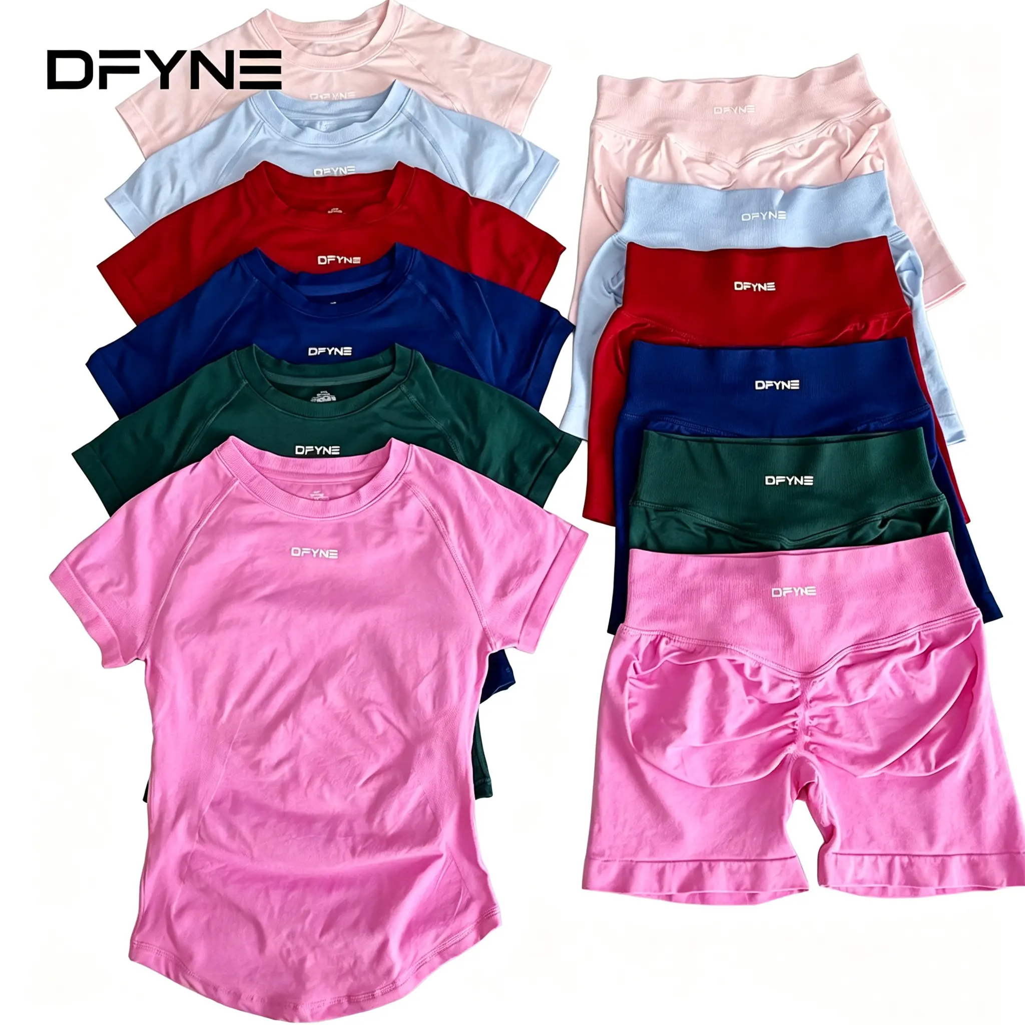 DFYNE Women’s 2 Piece Workout Set, Short Sleeve Athletic Top with High Waisted Scrunch Shorts for Gym, Yoga & Running,Women’s Activewear Set, Short Sleeve T Shirt & High Rise Scrunch Shorts Workout Outfit for Fitness and Pilates