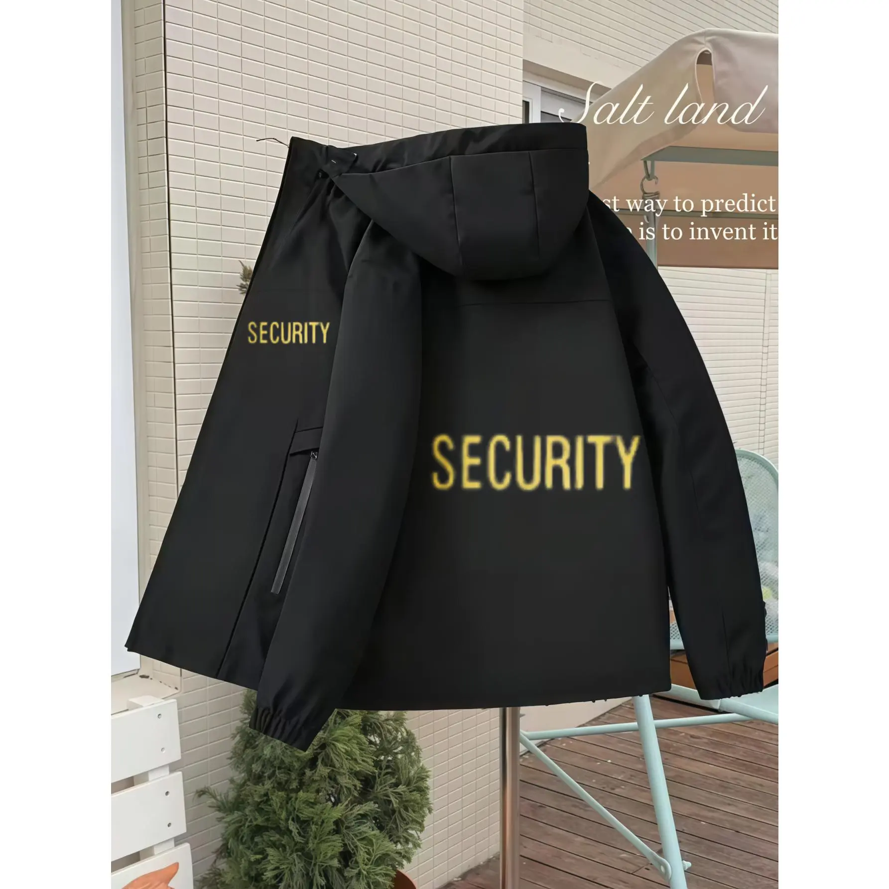 Bold Lettering Print, Urban Tactical Style, Security Hooded Jacket, High Visibility Gold Text Design For Outdoor Workwear