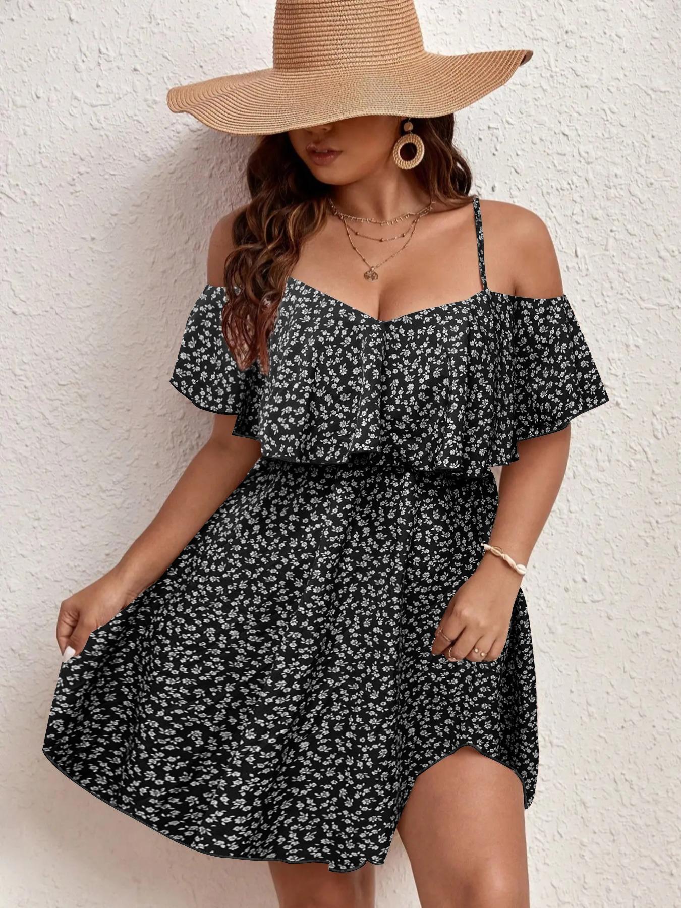Plus Size Ditsy Floral Print Cold Shoulder Ruffle Trim A Line Dress, Boho Romantic Short Dress for Beach Vacation Holiday, Summer Outfits 2024, Dresses for Women, Women's Clothes for Summer