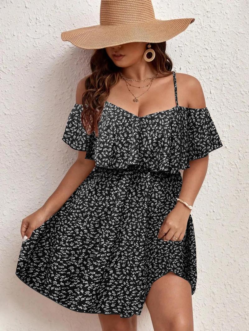 Plus Size Ditsy Floral Print Cold Shoulder Ruffle Trim A Line Dress, Boho Romantic Short Dress for Beach Vacation Holiday, Summer Outfits 2024, Dresses for Women, Women's Clothes for Summer