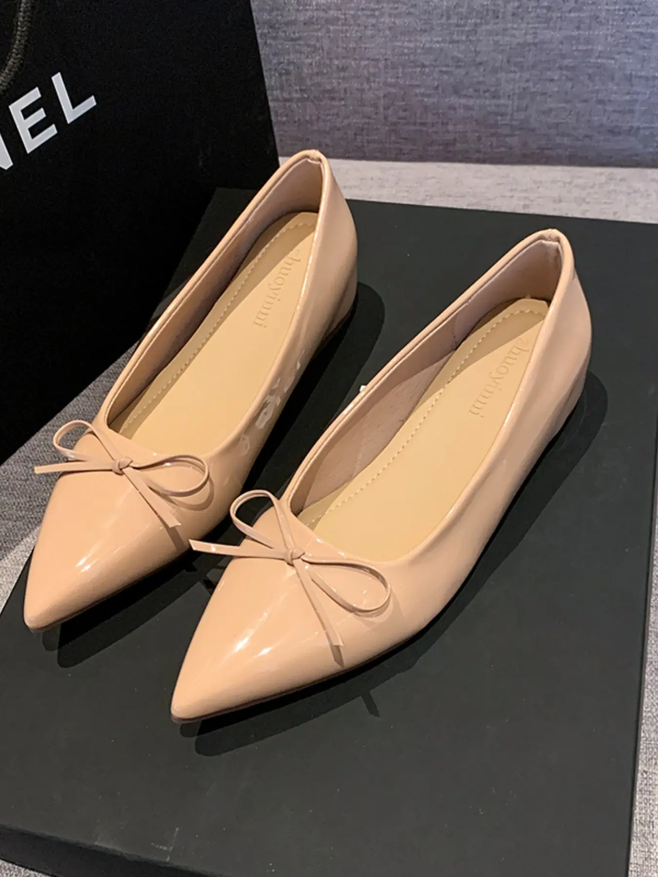 Women Patent Pointed Toe Bow Wedge Flats, Slip On Low Wedge Heel Ballet Pumps, Casual Office Daily Shoes, 2 Colors Black Nude