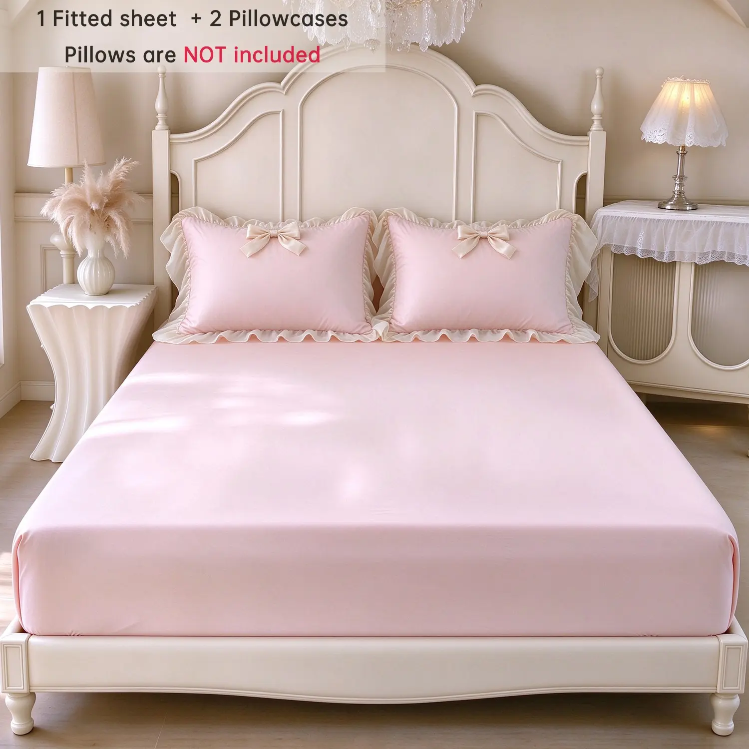 5 Colors Ruffle Fitted Sheet Set 3 Piece, French Country Shabby Chic Solid Pink Bedding, Ultra Soft Brushed Microfiber with Bow Trim Pillowcases, Deep Pocket Cozy Snug Fit, All Season Aesthetic, Ruffled Bedding Set