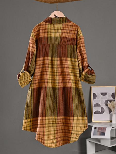 Elegant Casual Retro Mid-Length Plaid Shirt for Women, New Fashion Long Sleeve Loose Fit Striped Blouse, Stylish Ladies' Top