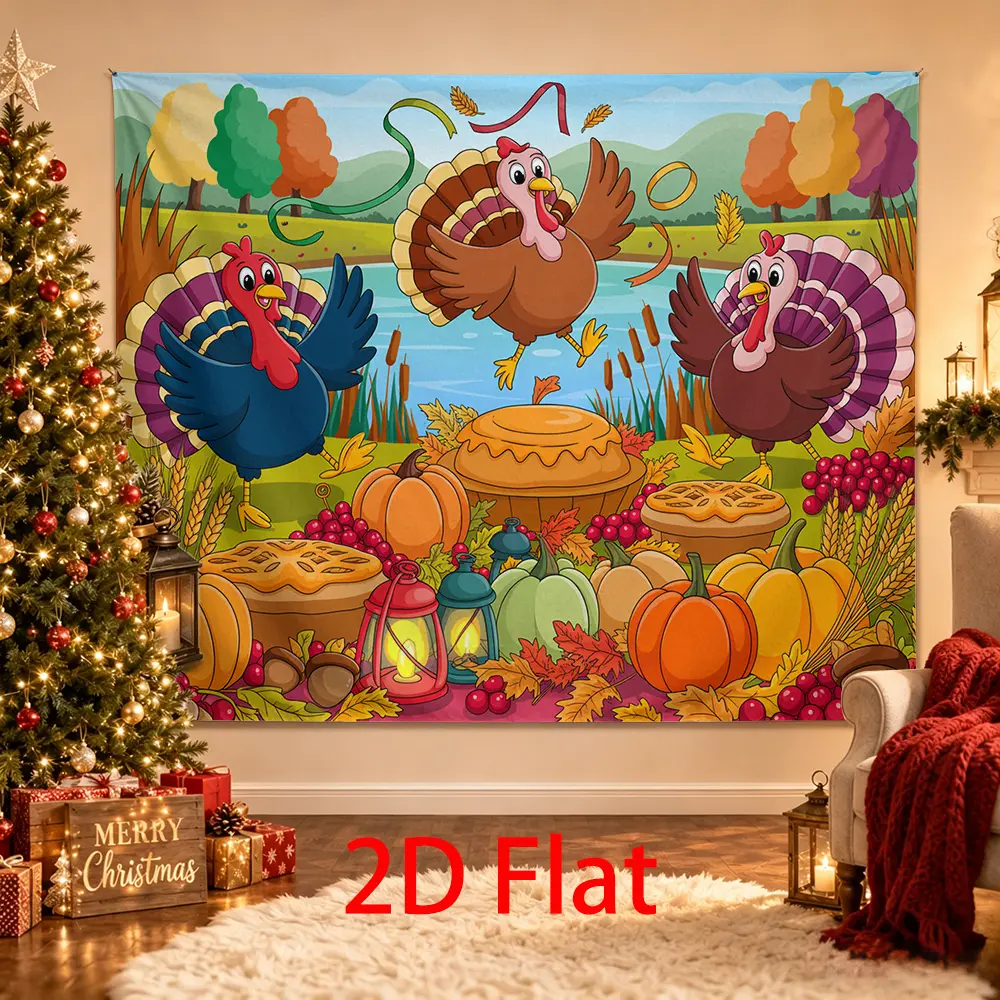 Thanksgiving Turkey Party Backdrop, Colorful Fall Harvest Photography Background with Pumpkins, Pies, Autumn Trees, Lanterns and Wheat
