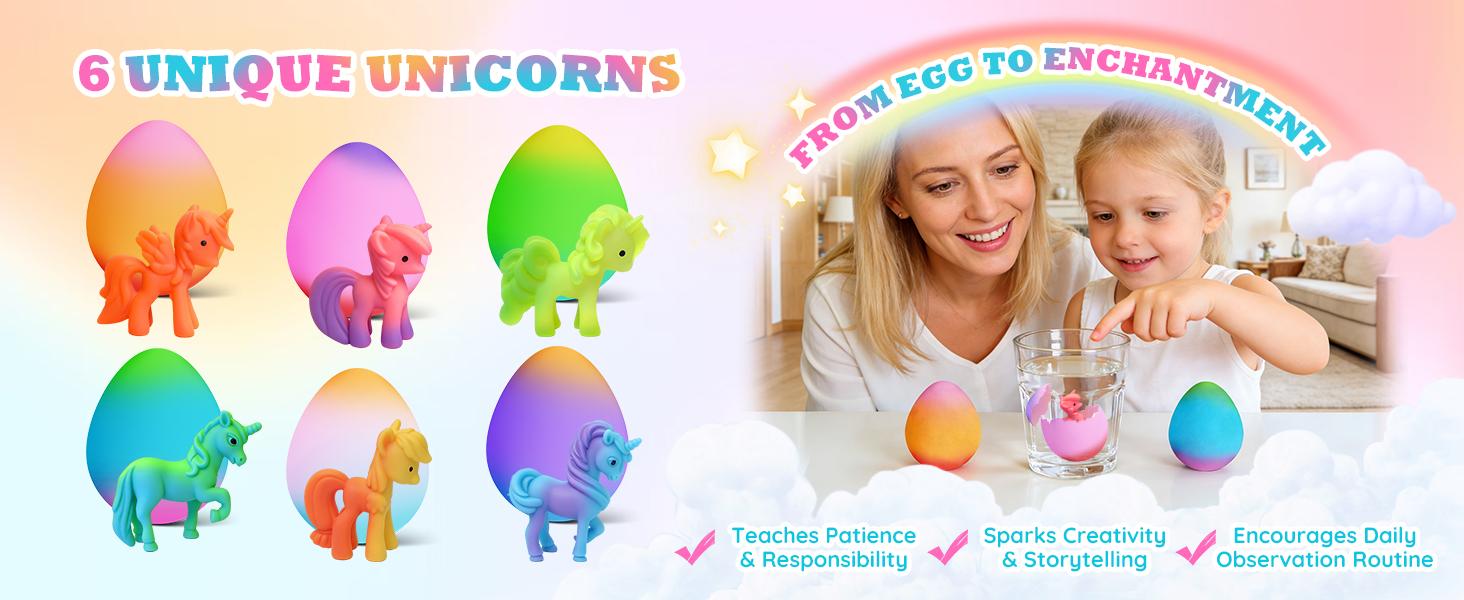 6 hatching and growing Unicorn eggs with 6 Unicorn, water-activated expansion toys, safe and fun magical transformation experience, perfect for Easter and birthday gifts.