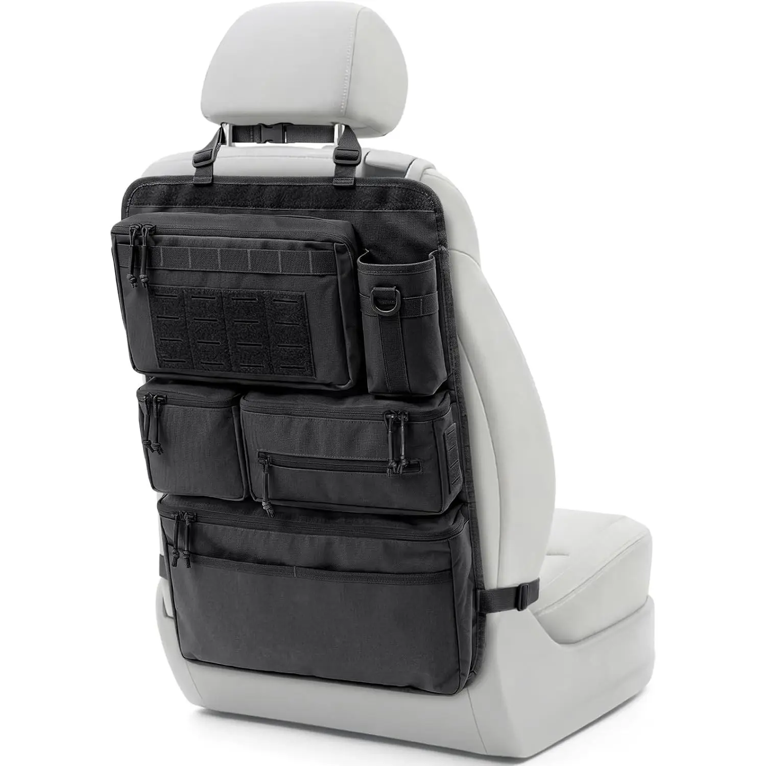 All in One Car Seat Back Organizer Fit Most Cars SUV Trucks Jeeps| Heavy Duty Molle Panel Seat Back Protector with Multi-Pockets Storage, for Tools, Toys, Camping, Travel, Daily Commuting