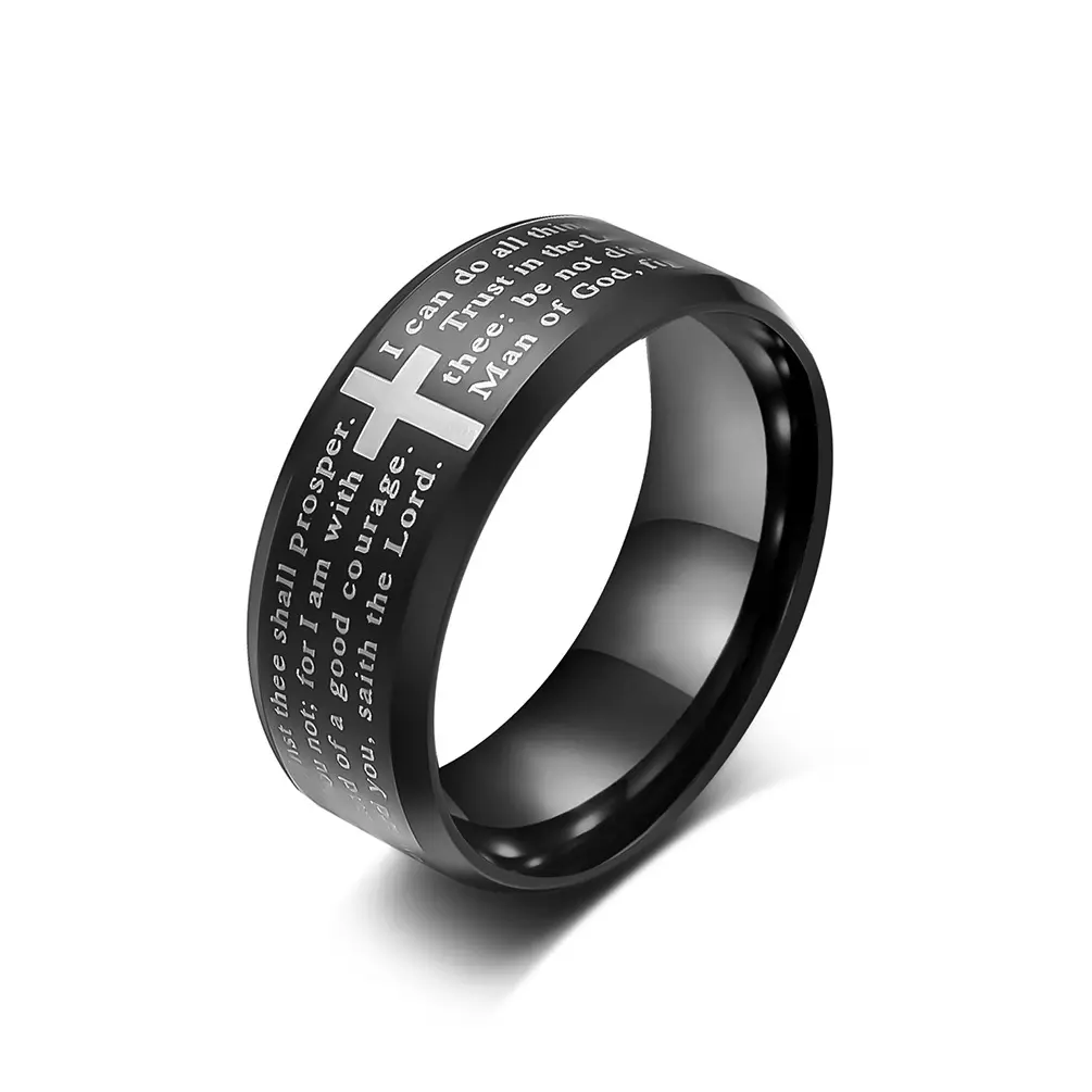 Men’s Christian Bible Verse Ring – Stainless Steel Lord’s Prayer Cross Ring, Engraved Scripture Wedding Band