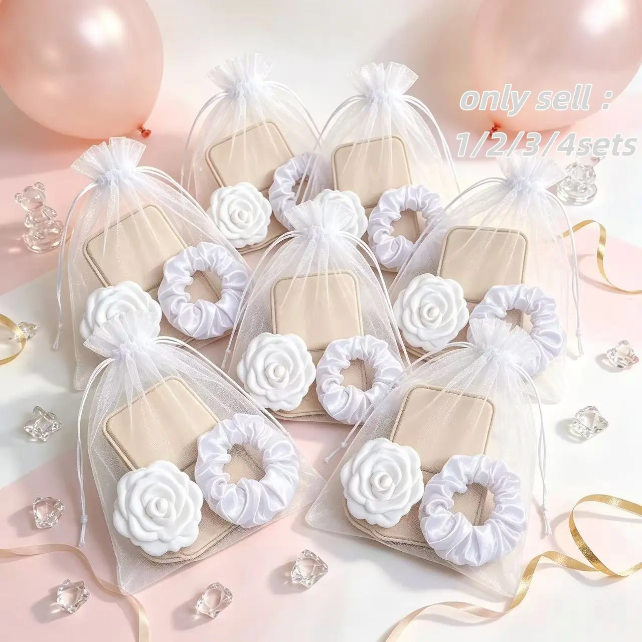 Cream Folding Mirror Set, Rose Makeup Mirror, Satin Hair Tie, Mesh Bag, Bridesmaid Gift, Birthday Party Favor, Portable Beauty Kit