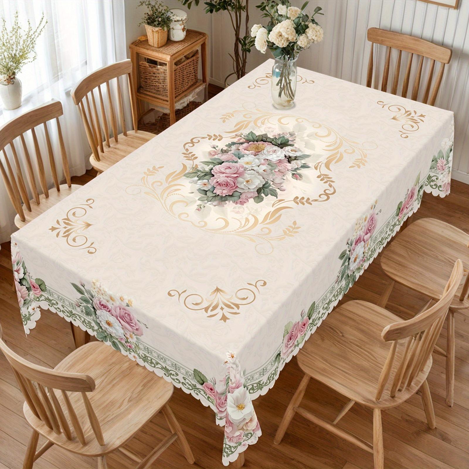 1pc French Vintage Rose & Daisy print Tablecloth - Elegant / with Roses & Daisies, Machine-Made Rectangular/Possibly Round Suitable for Valentine's Day, Weddings, Birthdays, Kitchen & Dining Table Cover - Fabric for Indoor/Outdoor Use