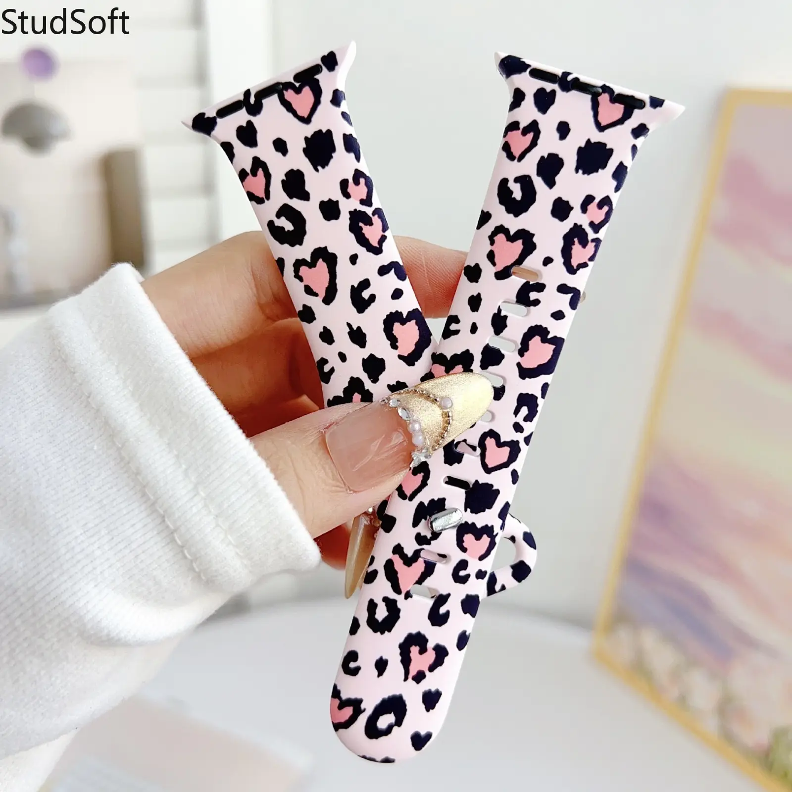 Cute Pink Leopard Watch Band for Apple Watch 38mm 40mm 41mm 42mm 44mm 45mm 49mm Women Heart Printed Silicone Sport Strap iWatch Series 10 9 8 SE Ultra 2 Girl Gift Wristband,back to school,back to school haul
